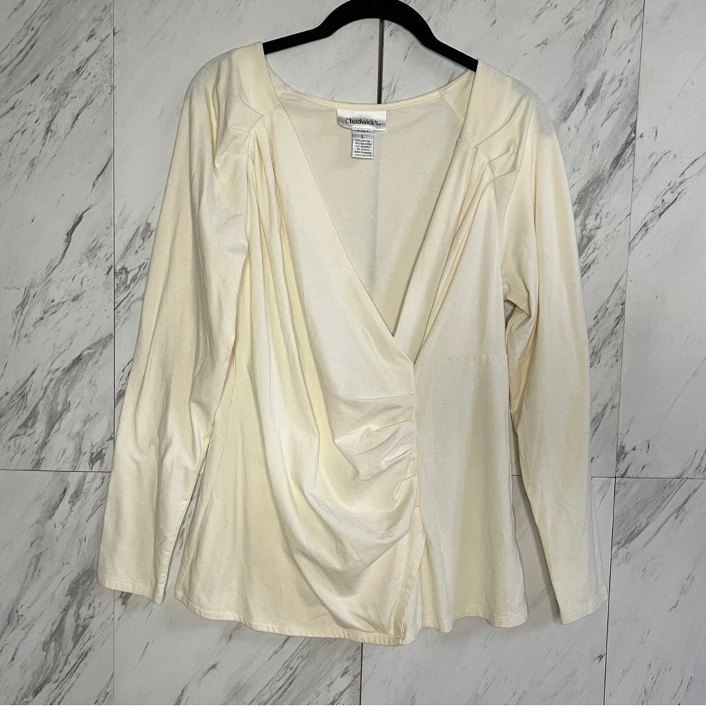 Chadwick's Cream Ruched Wrap Long Sleeve V Neck Top Womens Large Workwear